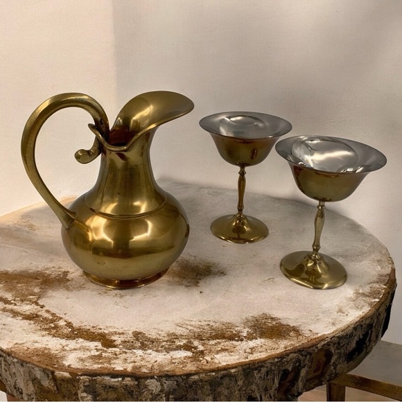 Mid Century Brass Wine Serving Set, Tray, Pitcher And Goblets, Functional Decor - Picture 5 of 10